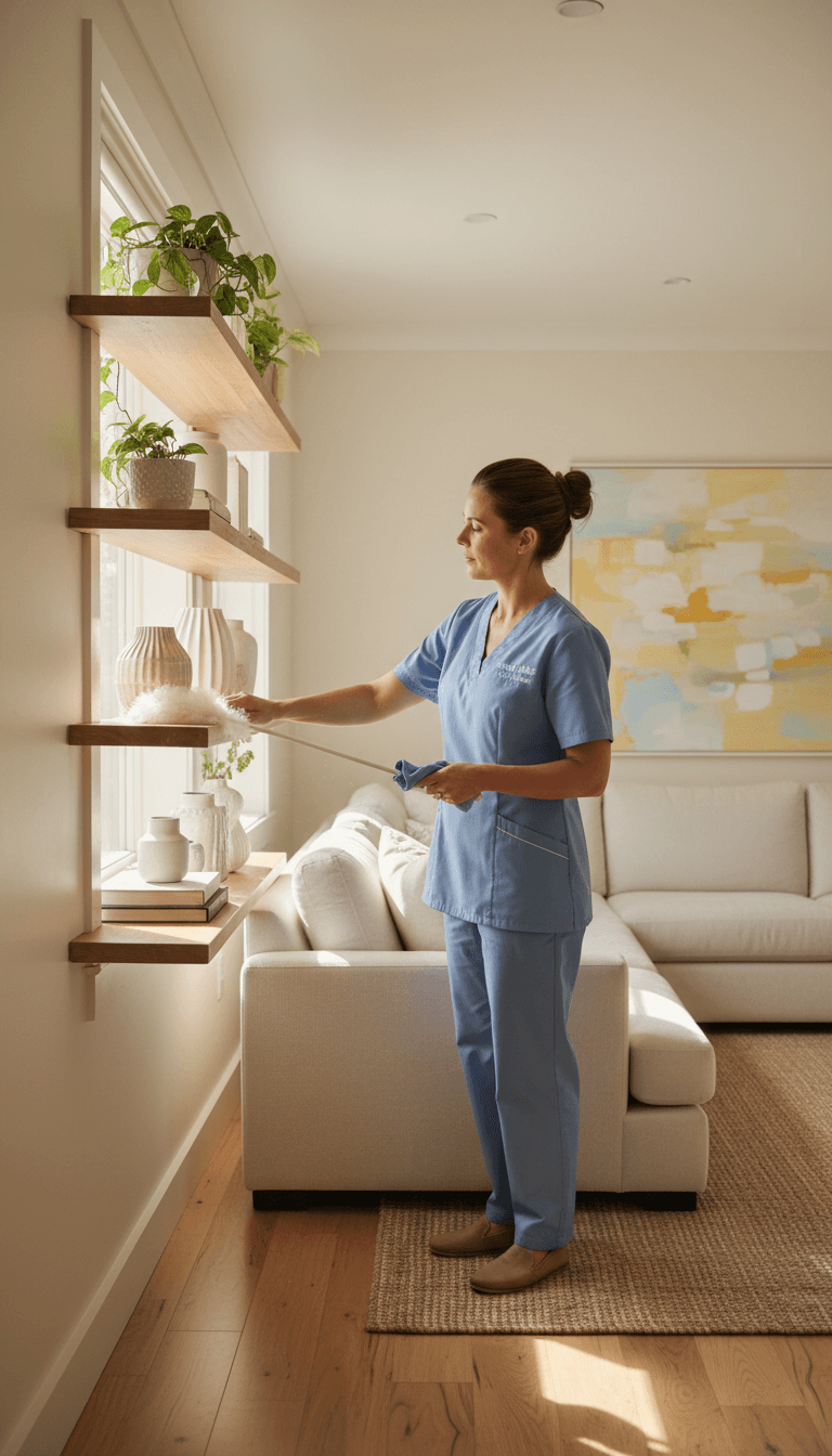 Warm and bright living room being dusted by a professional cleaner
