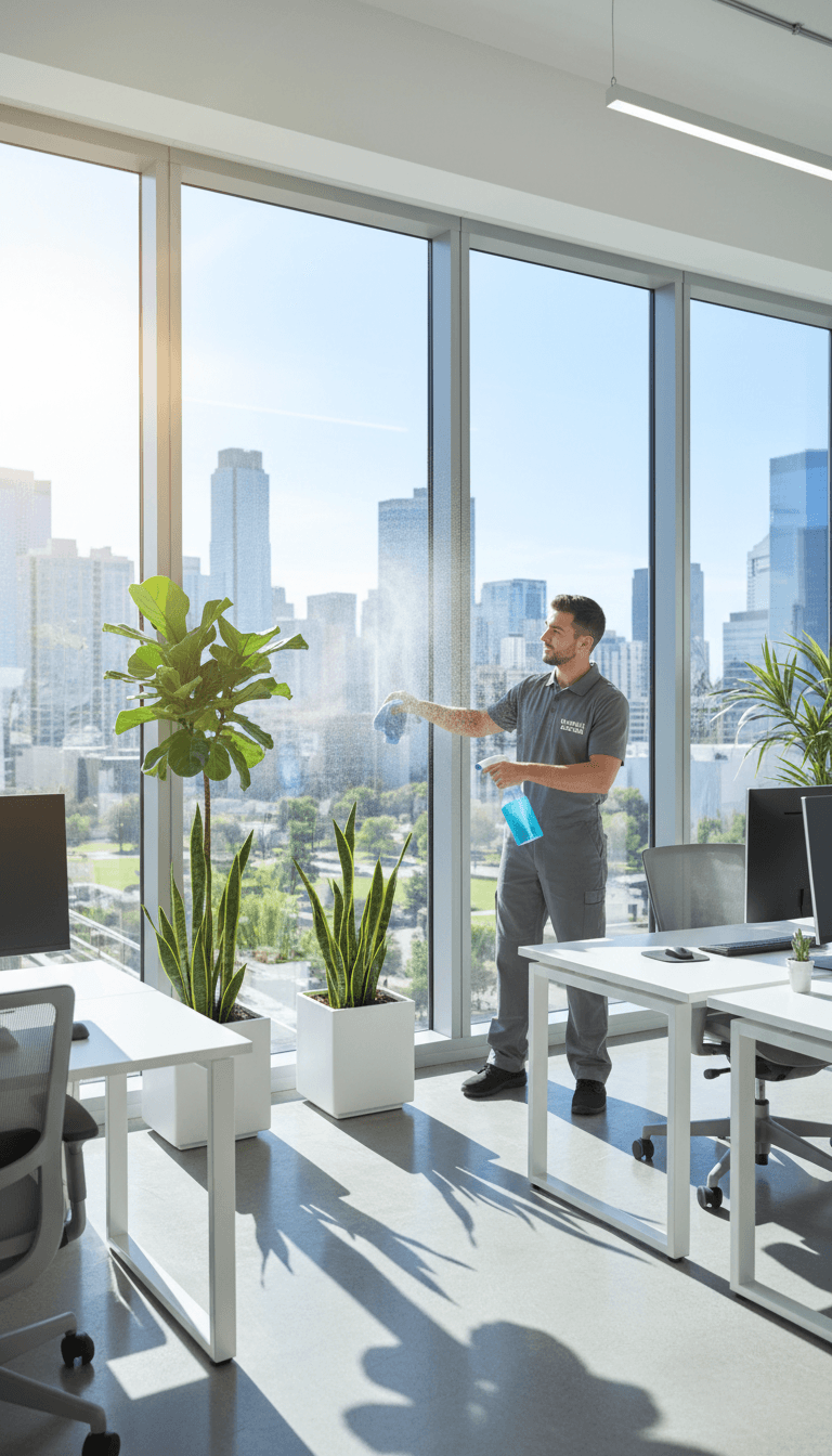 Professional cleaner wiping down a large window in a bright modern office interior with plants