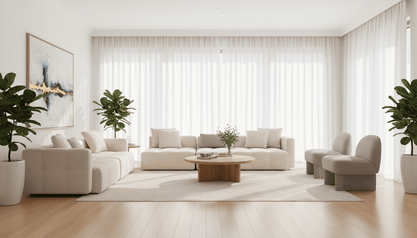 Bright clean living room with sunlight streaming in through sheer white curtains, polished hardwood floors, and a fresh floral arrangement on a coffee table