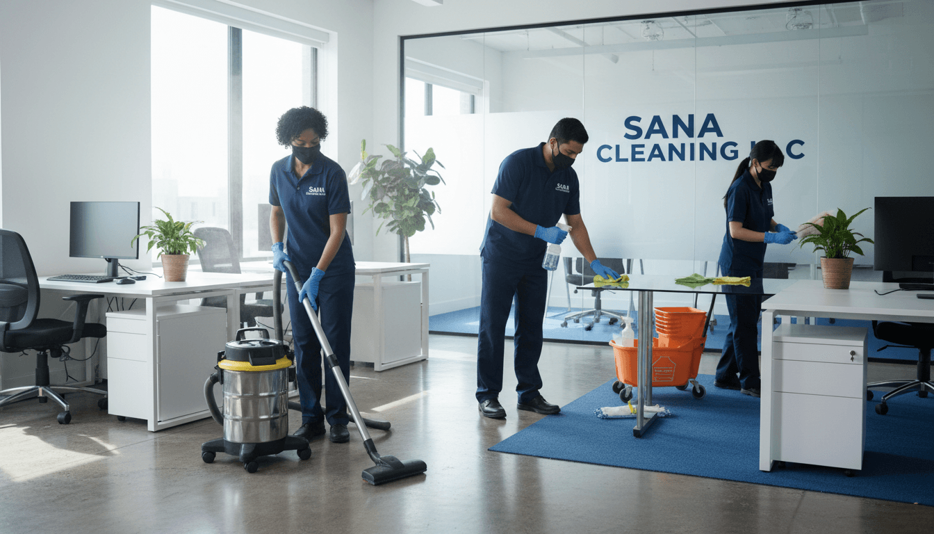 Three professional cleaners working in a modern, well-lit office space