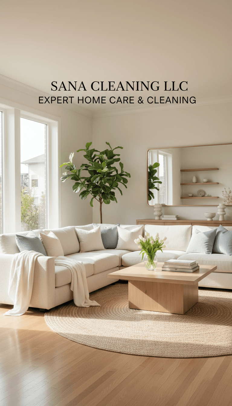 Sunlit, tidy living room with fresh linens and spotless surfaces.