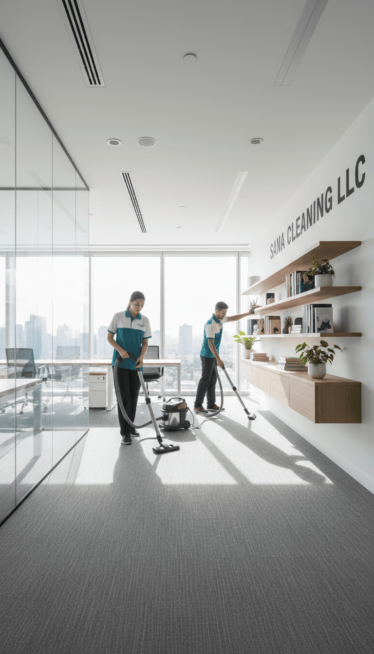 Two professional cleaners in a modern office, one vacuuming, the other dusting shelves